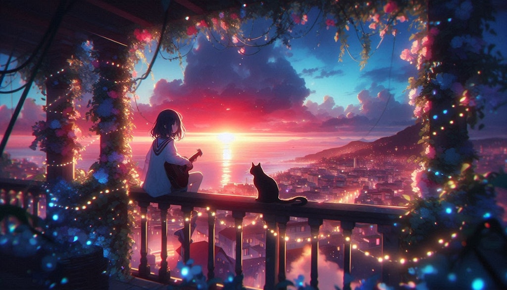 朝焼けと猫とギターと女の子