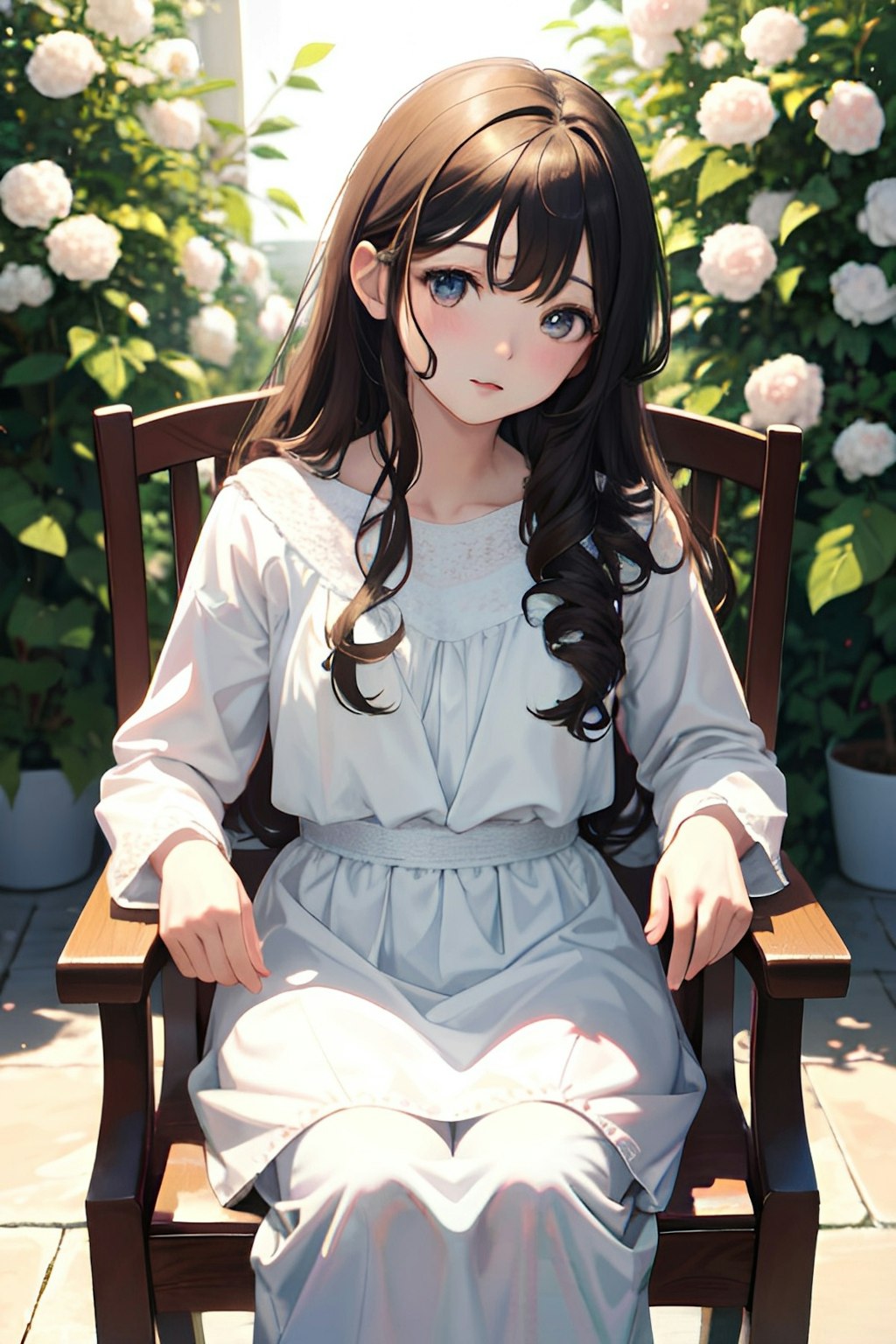椅子に座っている白いドレスの美少女