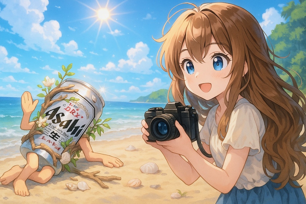 ヌーディズムなビール缶とカメラマンの小さな女の子