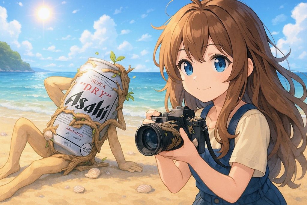ヌーディズムなビール缶とカメラマンの小さな女の子