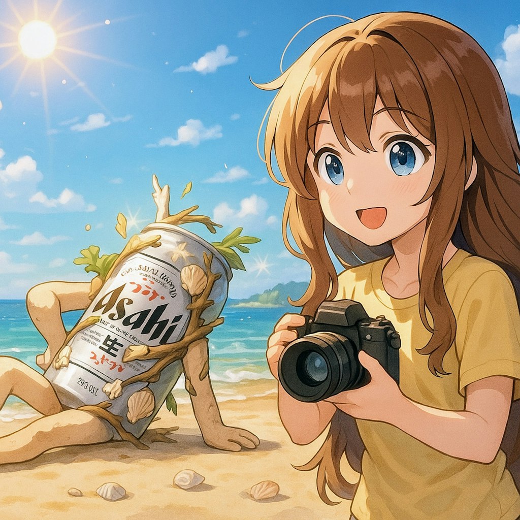 ヌーディズムなビール缶とカメラマンの小さな女の子