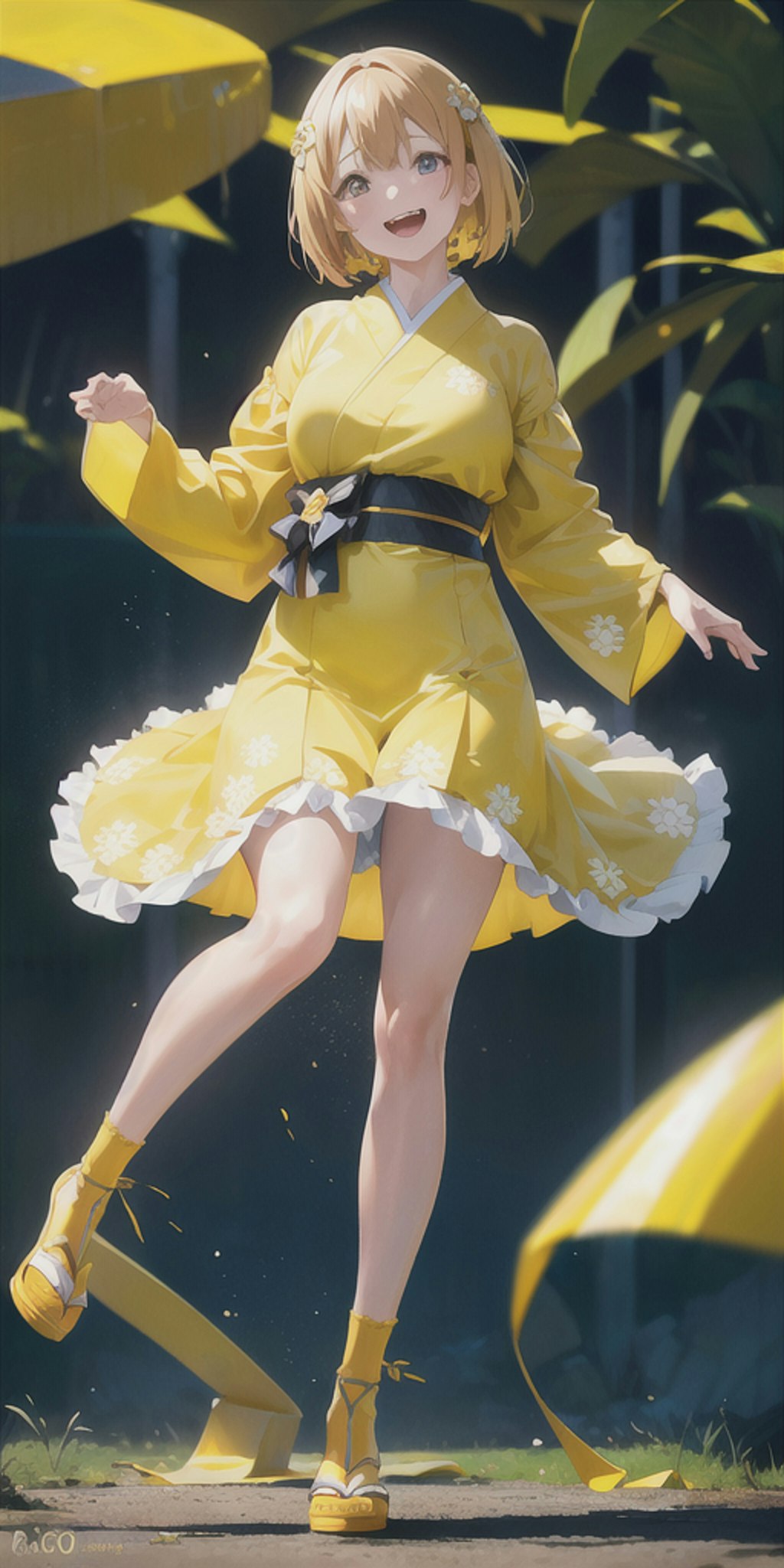 黄色い和服を着て踊る女の子