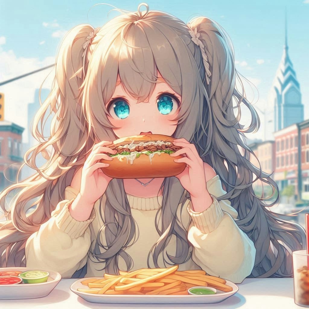 フィリーチーズステーキを食べる小さな女の子