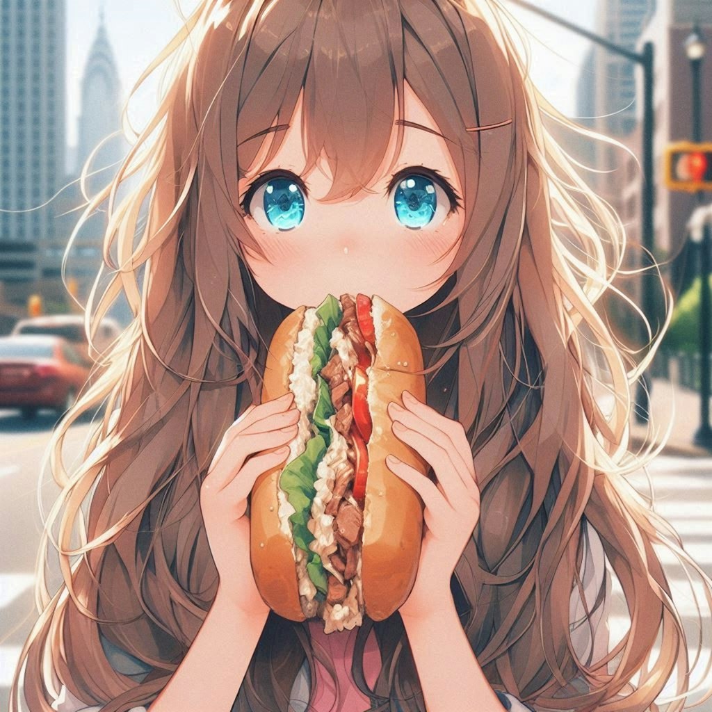 フィリーチーズステーキを食べる小さな女の子