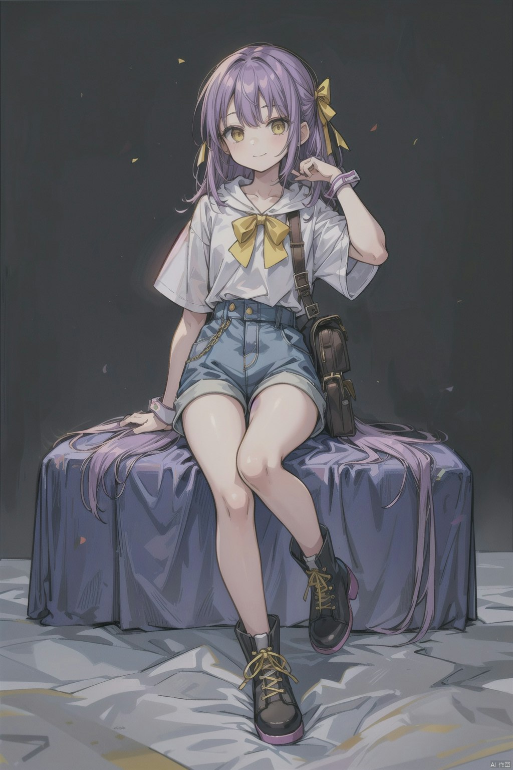 Purple-haired sitting girl