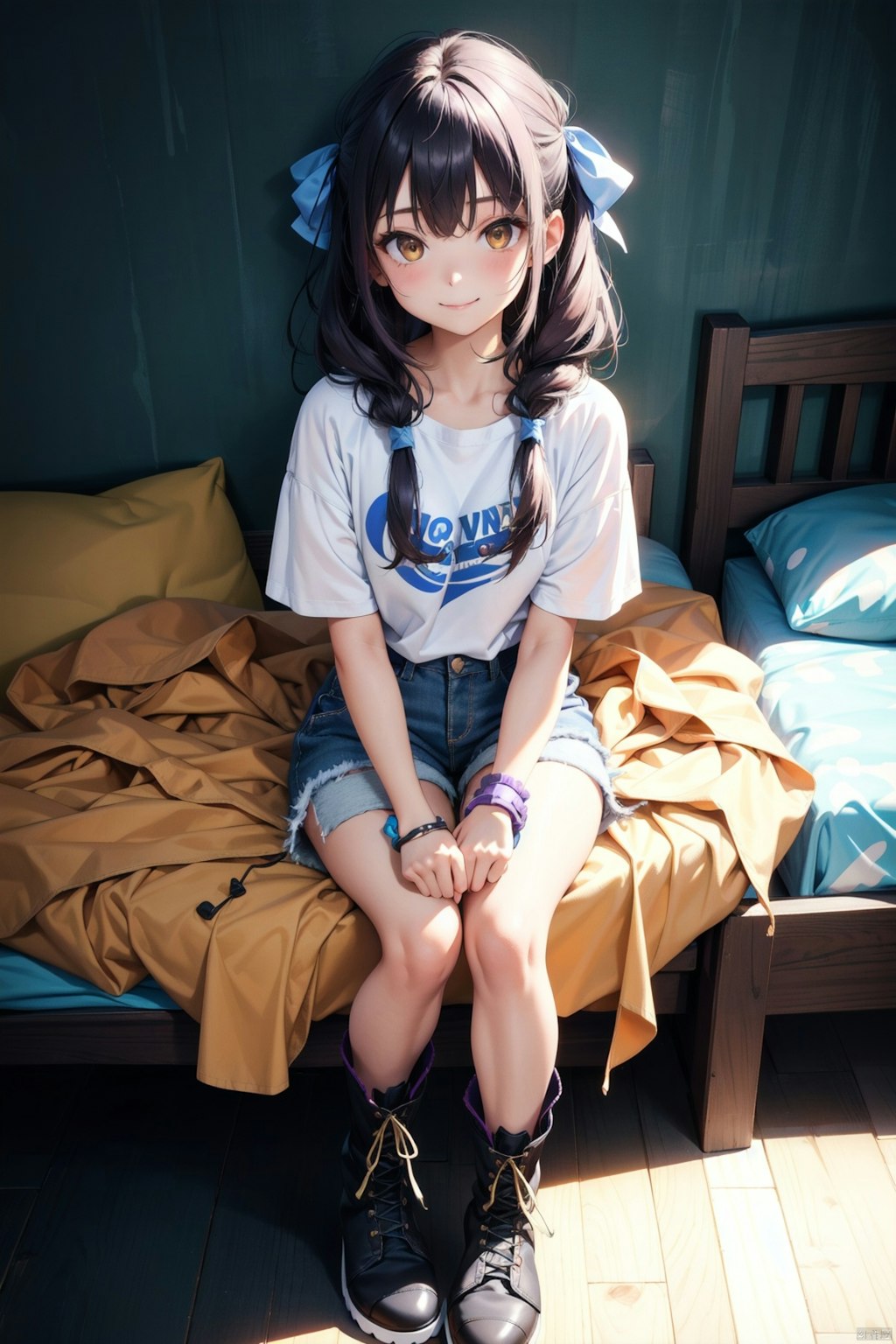 Purple-haired sitting girl