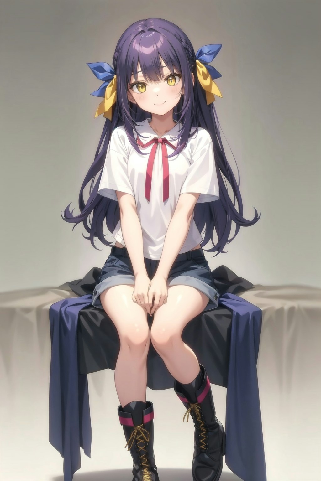 Purple-haired sitting girl