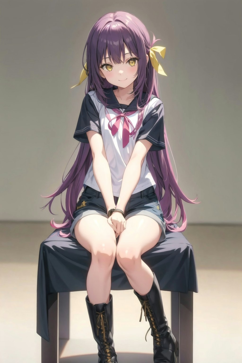 Purple-haired sitting girl