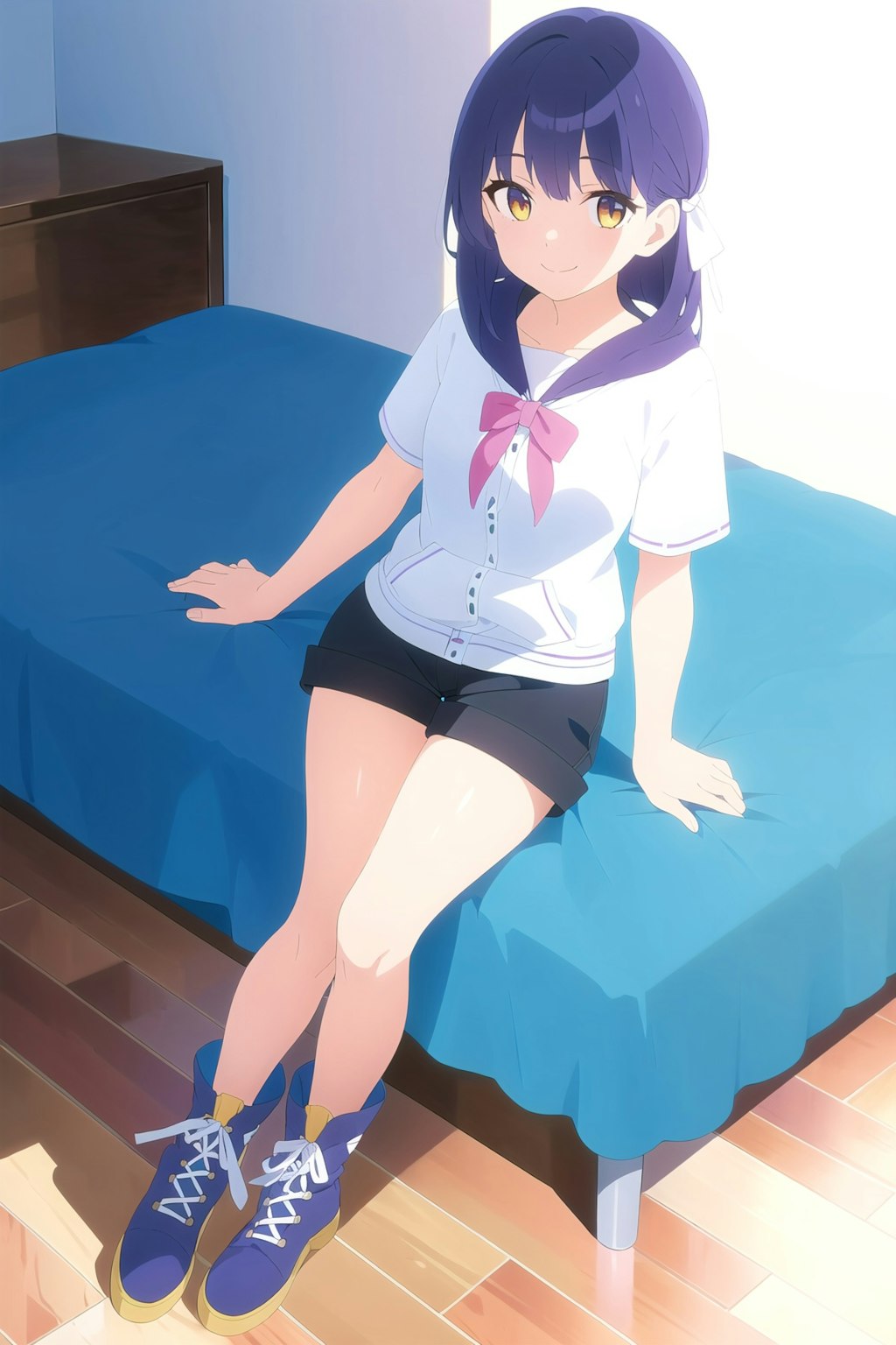 Purple-haired sitting girl