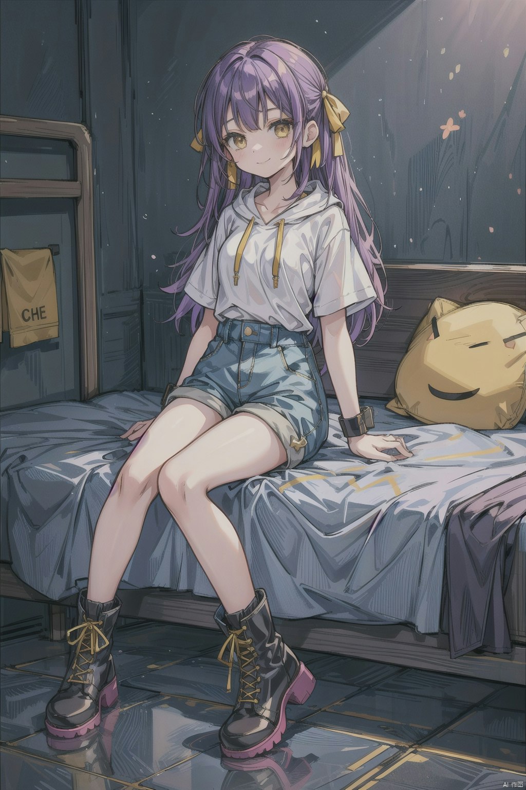 Purple-haired sitting girl