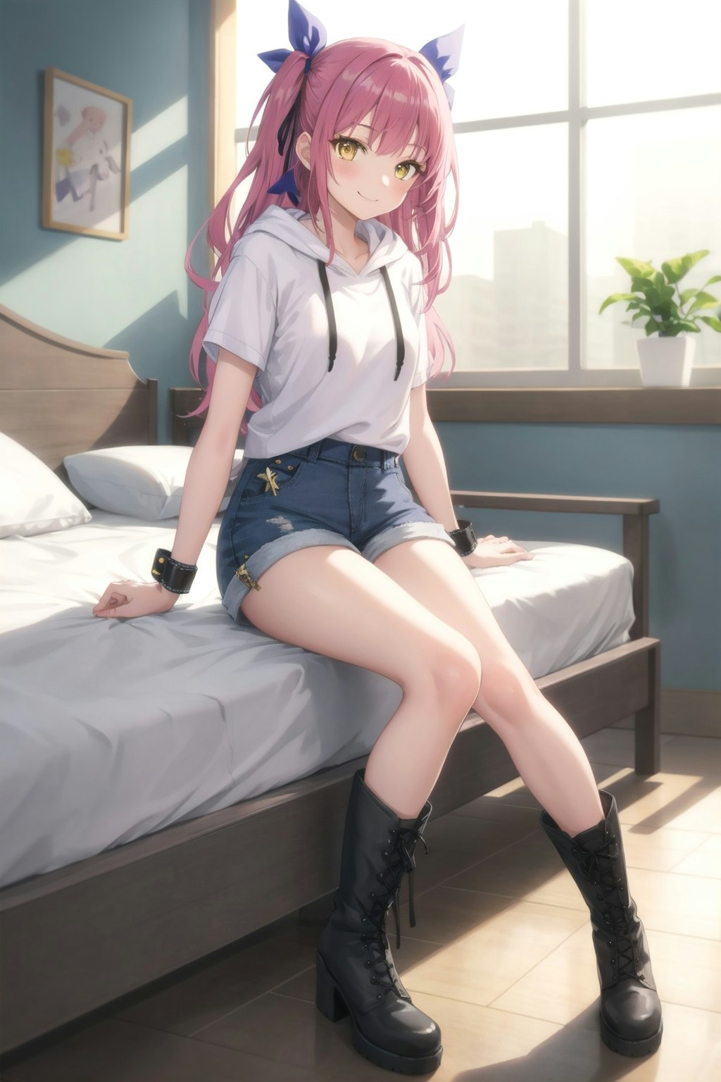 Purple-haired sitting girl