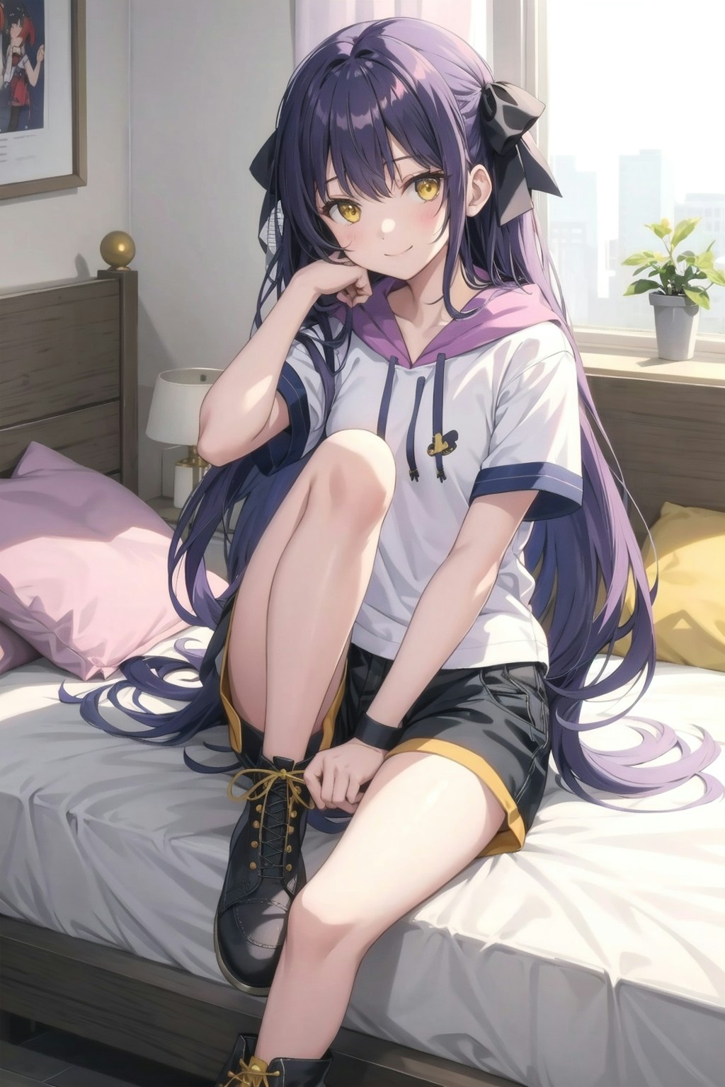 Purple-haired sitting girl