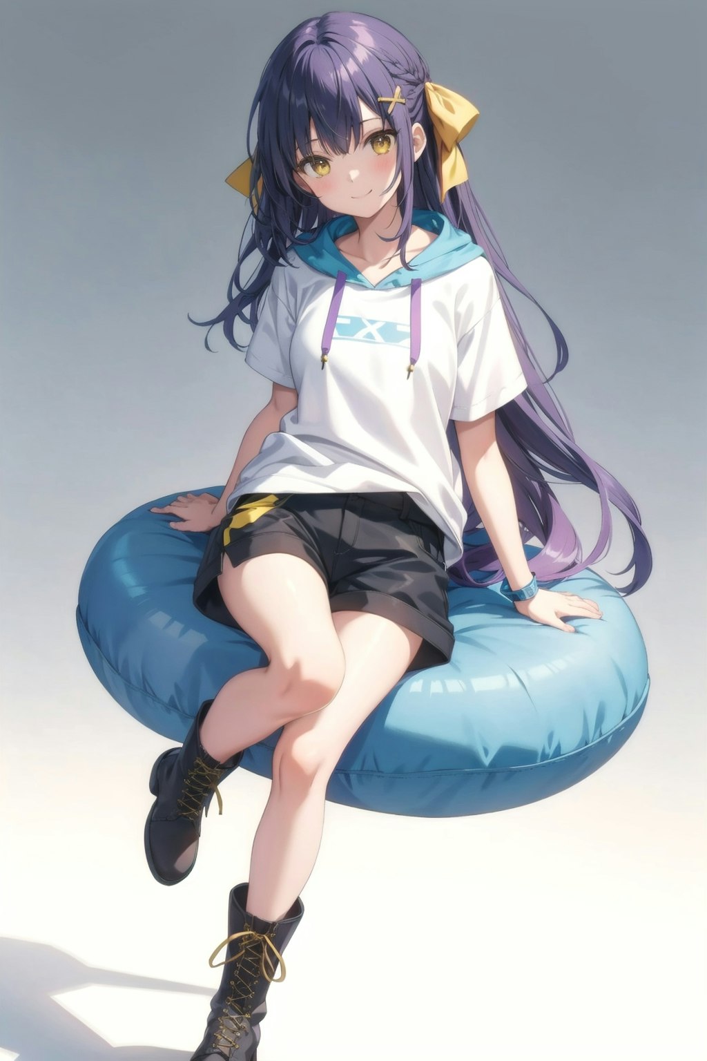 Purple-haired sitting girl