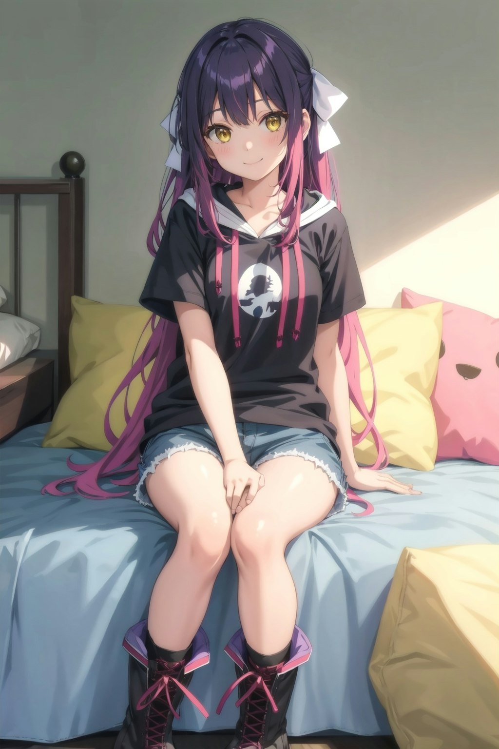 Purple-haired sitting girl