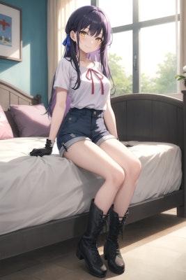 Purple-haired sitting girl