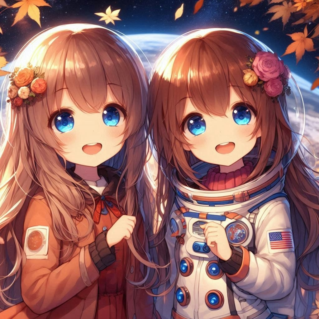 宇宙で紅葉を眺める小さな女の子