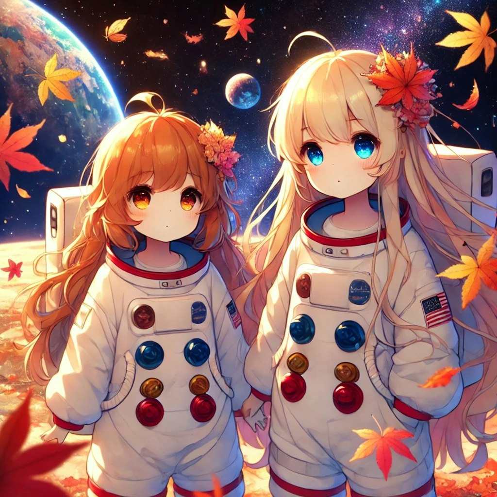 宇宙で紅葉を眺める小さな女の子