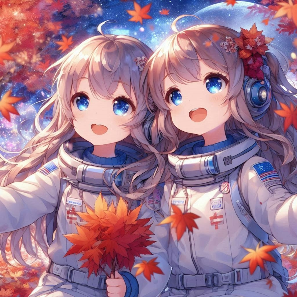 宇宙で紅葉を眺める小さな女の子