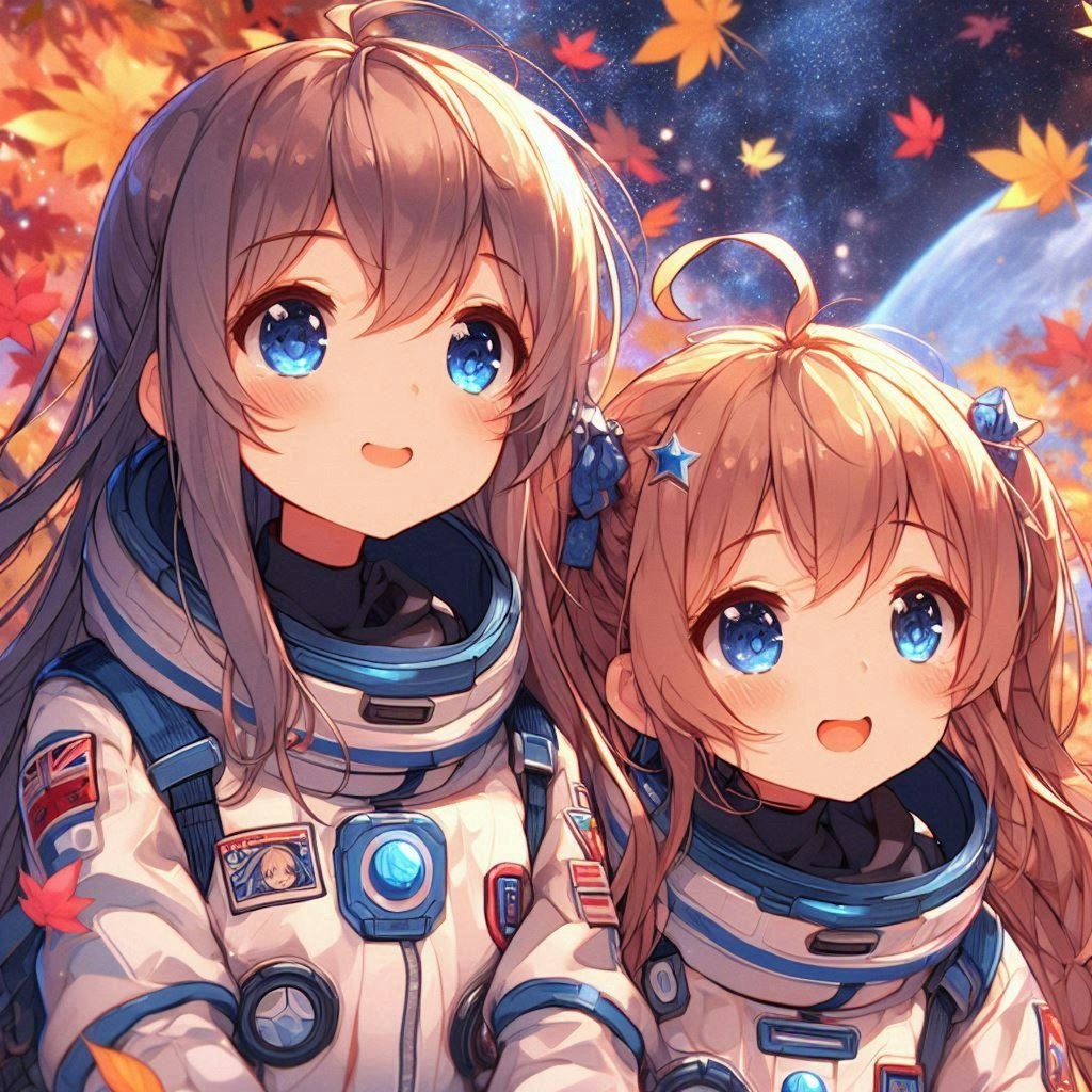 宇宙で紅葉を眺める小さな女の子