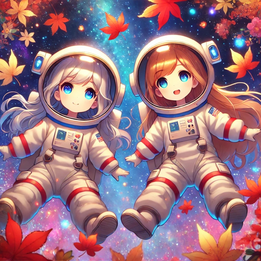 宇宙で紅葉を眺める小さな女の子