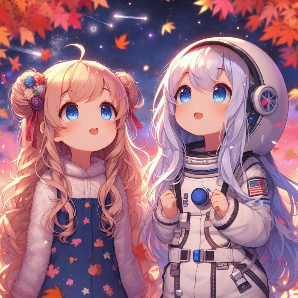 宇宙で紅葉を眺める小さな女の子