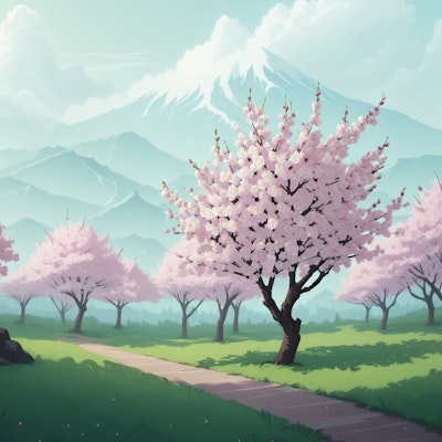 春の桜と山並みと