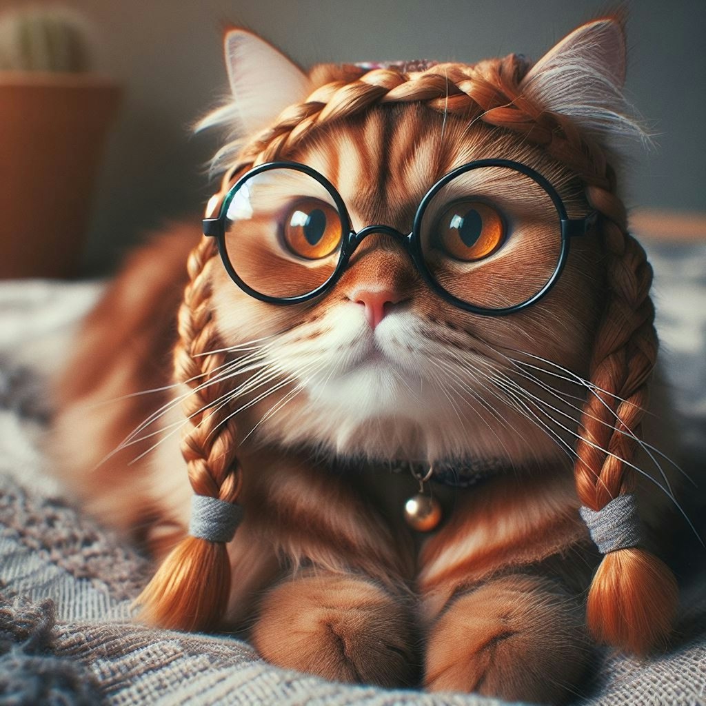 眼鏡三つ編み猫