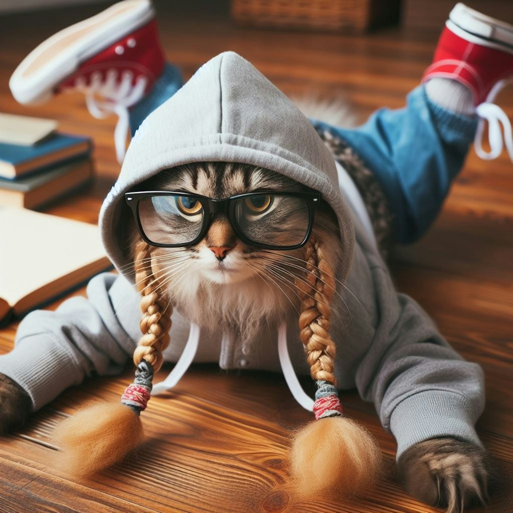 眼鏡三つ編み猫