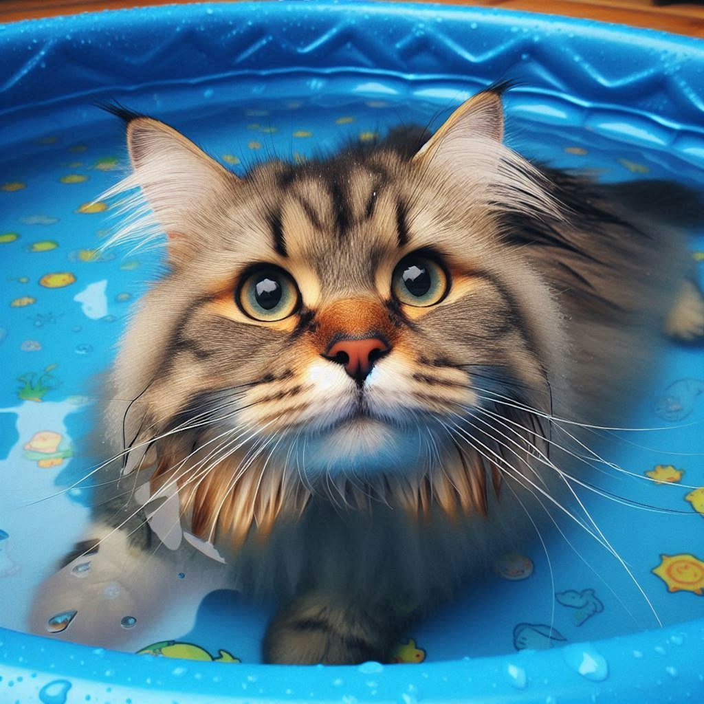 ビニールプールに入り浸る猫
