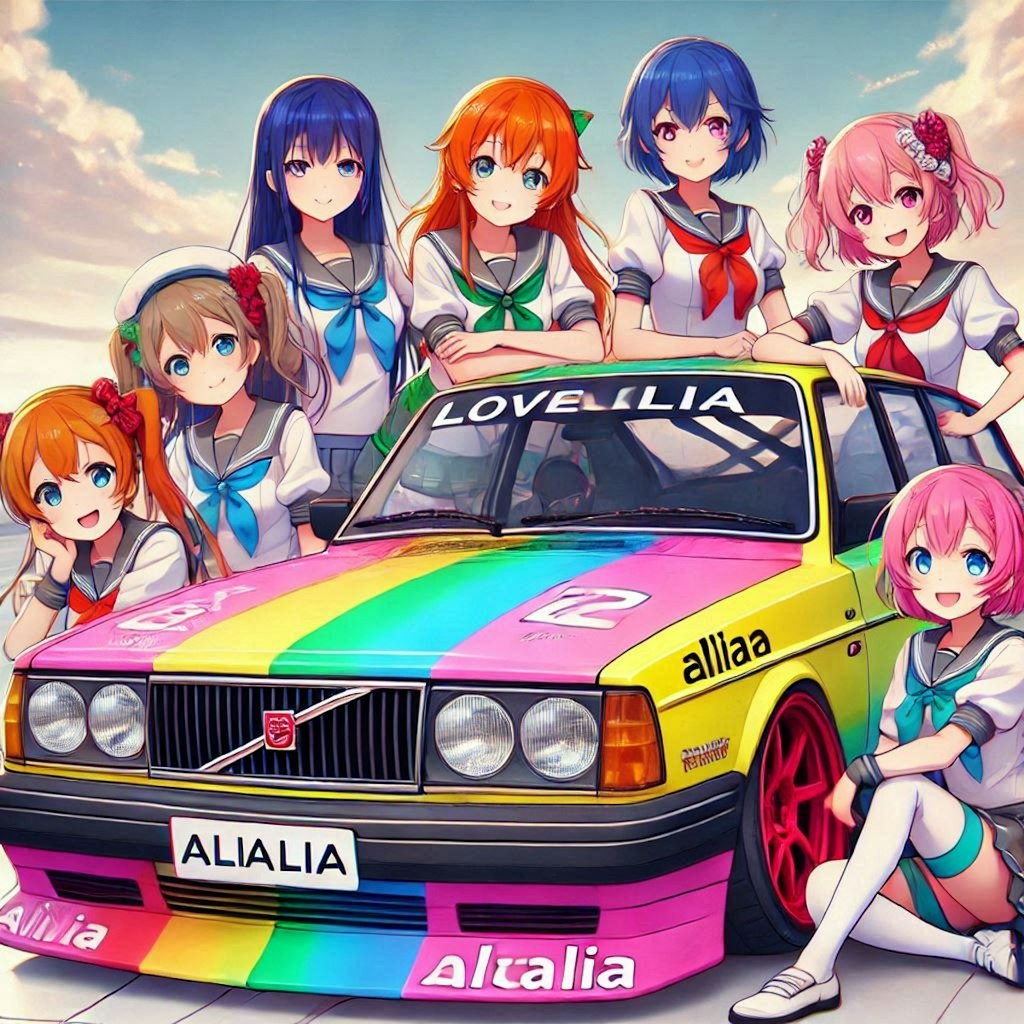 ラブライブキャラとアリタリアカラーボルボ240エステートのドリ車