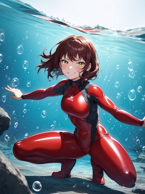 赤いウェットスーツを着て、海中で撮影中