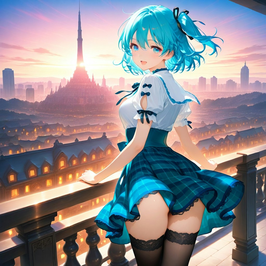 青髪少女と都市景観