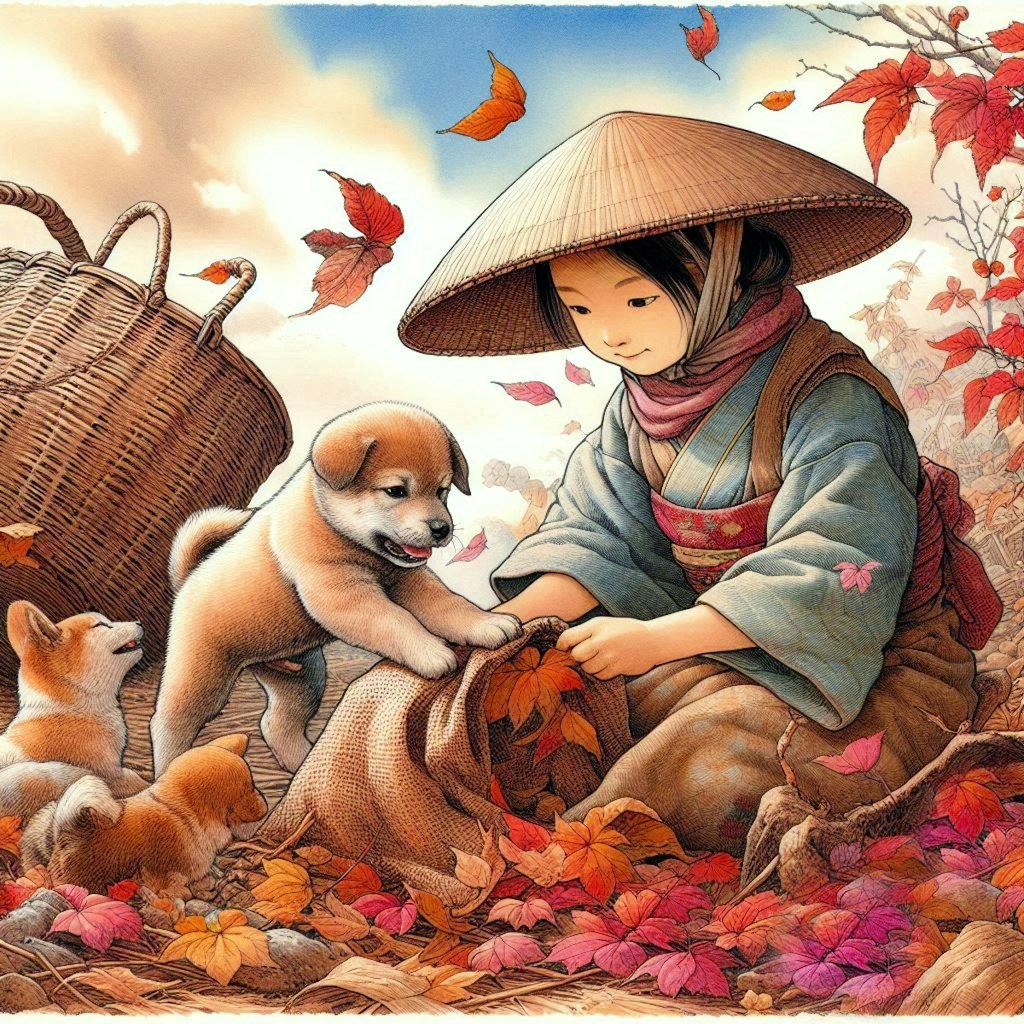 子犬と散り紅葉