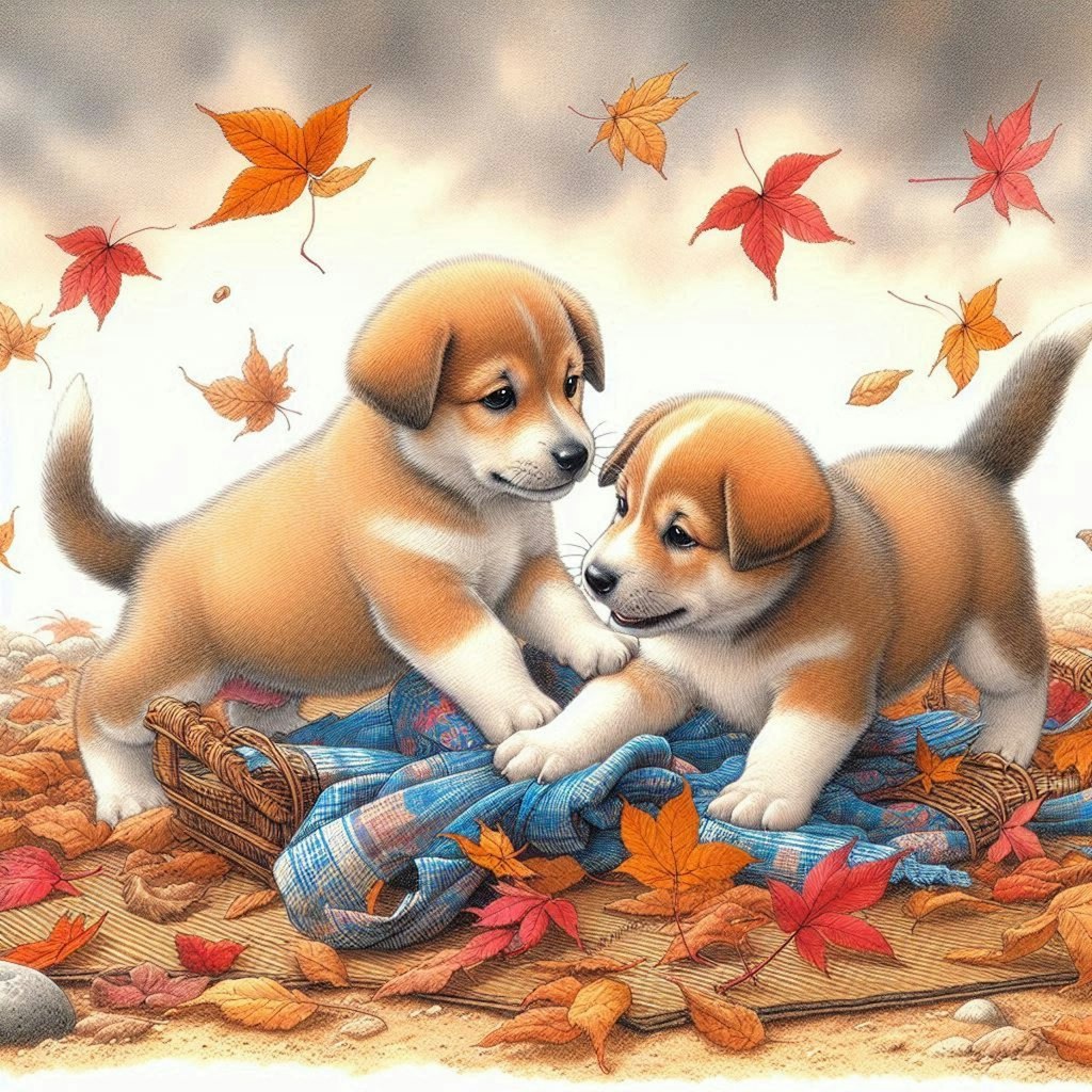 子犬と散り紅葉