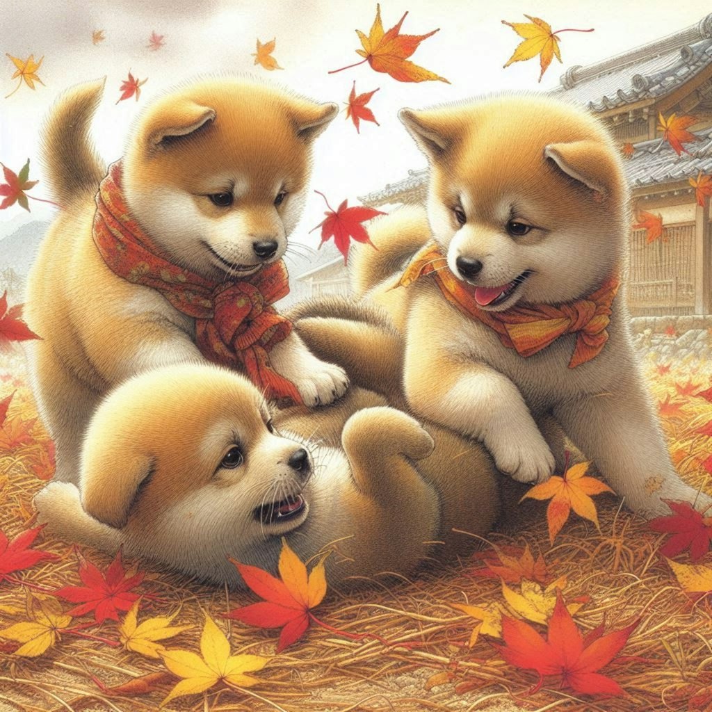 子犬と散り紅葉