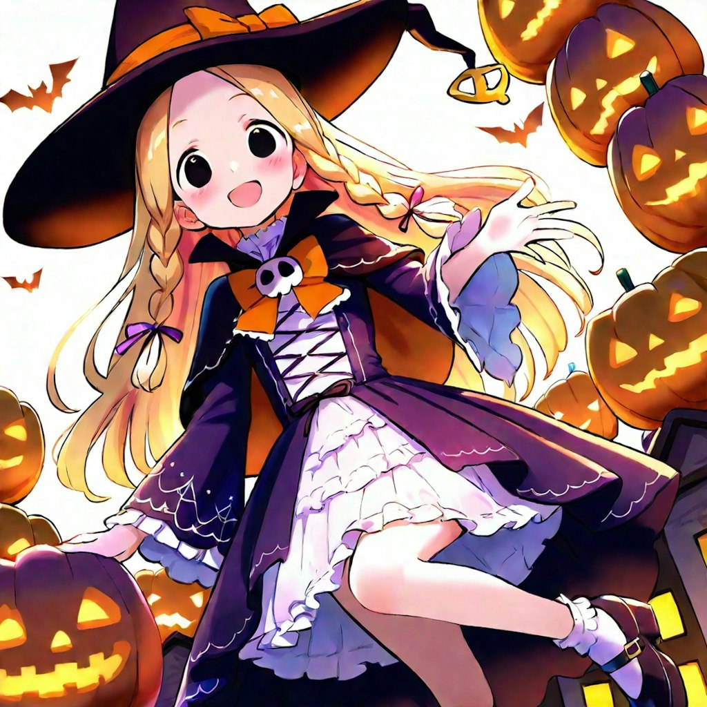 魔女っ子ちゃん、ハロウィンカボチャを積み上げる。