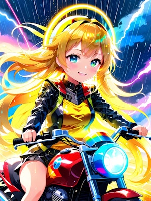 雨とバイクと黄色髪ちゃん