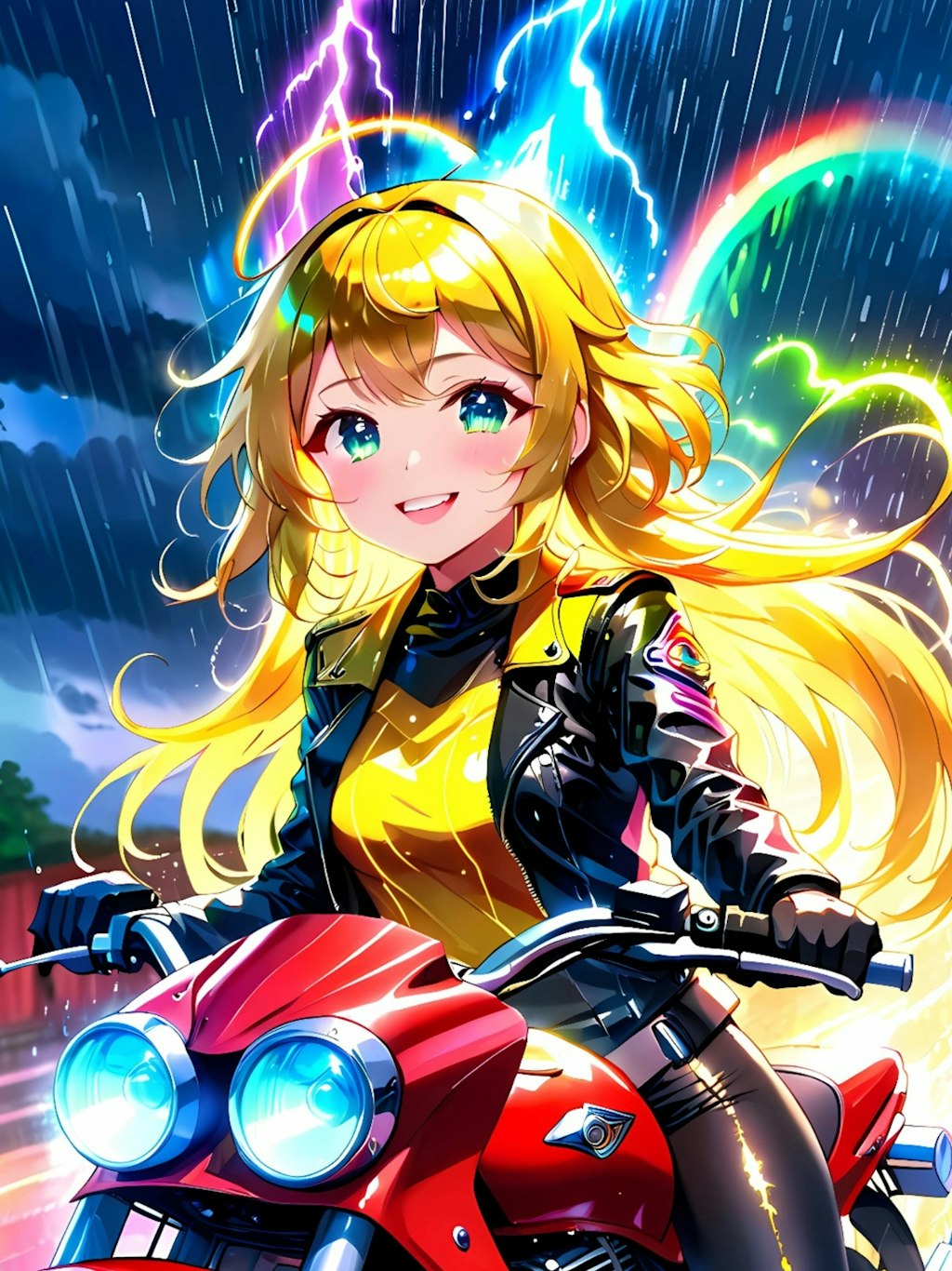雨とバイクと黄色髪ちゃん