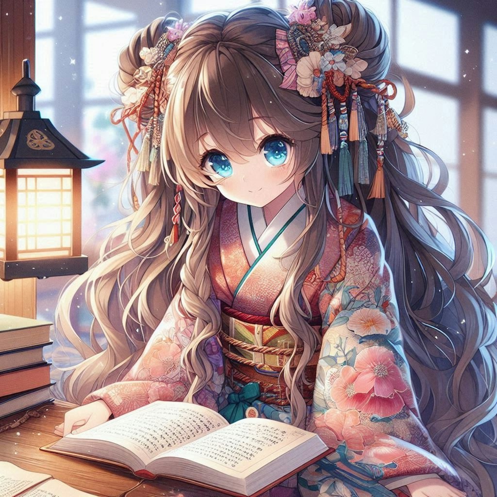 書物を読む着物の小さな女の子