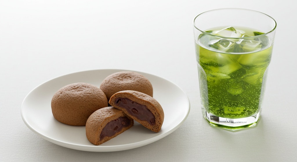 デザートの小豆饅頭と冷たい御茶のセット