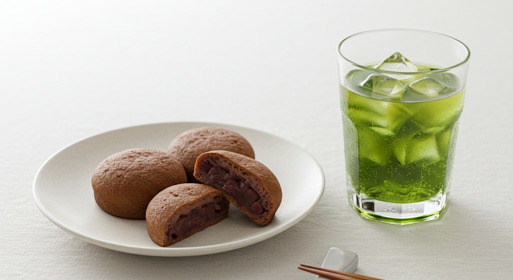 デザートの小豆饅頭と冷たい御茶のセット