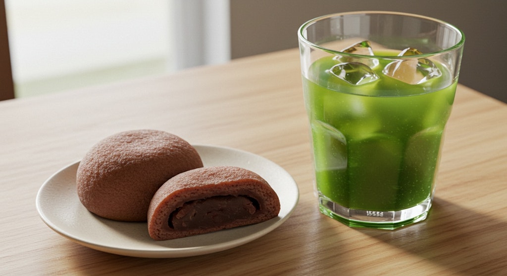 デザートの小豆饅頭と冷たい御茶のセット