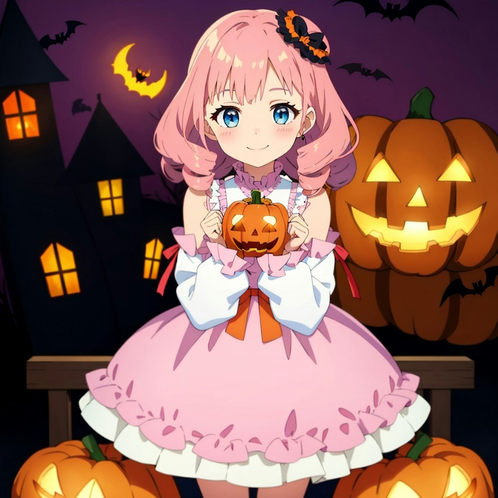 ピンクカールヘアの女の子とハロウィン