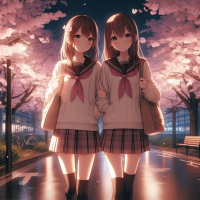 夜桜と学生