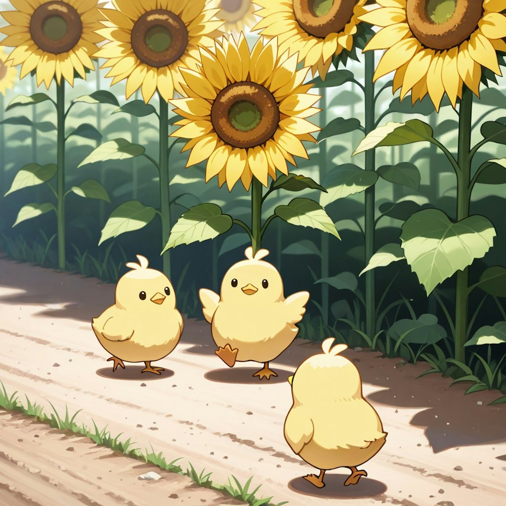 ひよこ達と向日葵