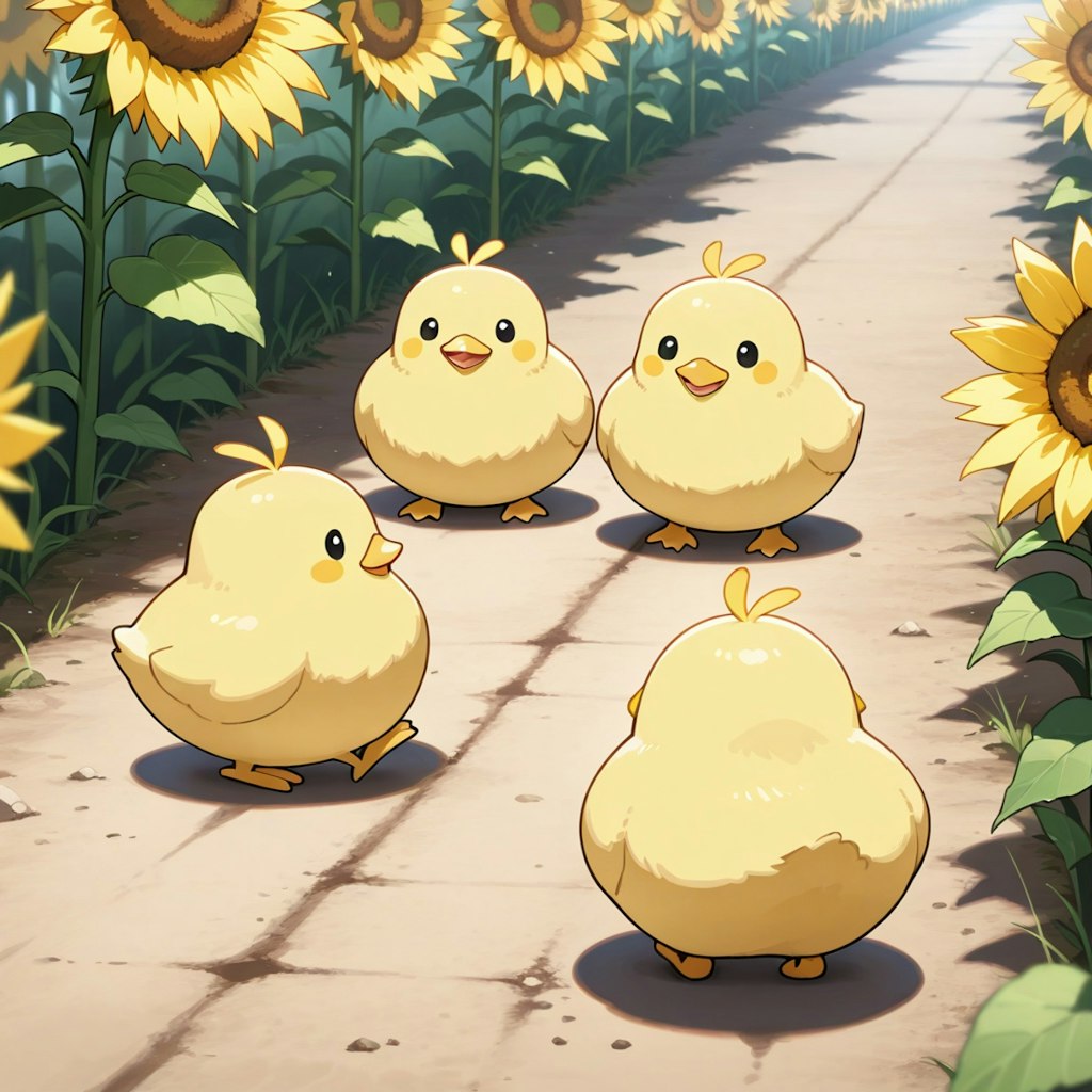 ひよこ達と向日葵