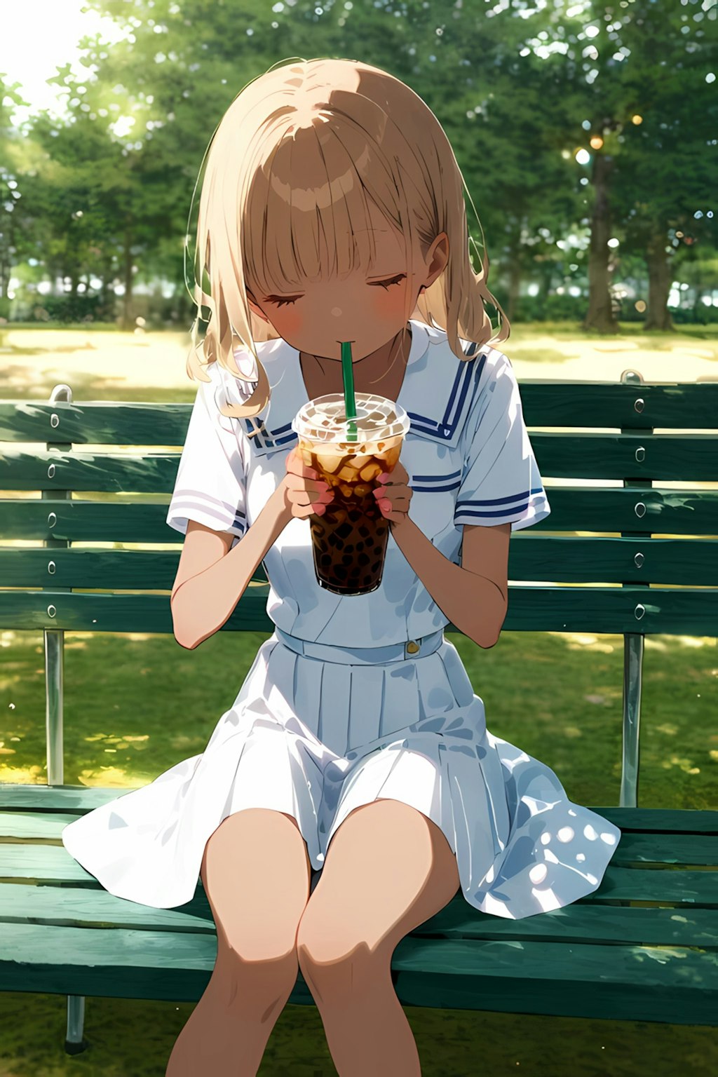 アイスコーヒーを飲んでいる褐色の少女