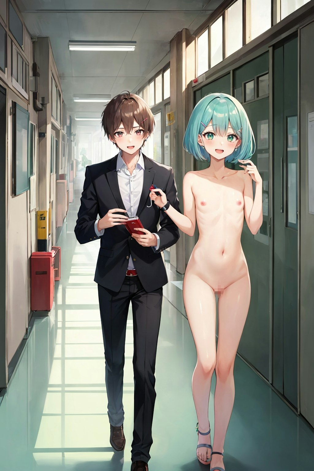 [リクエスト]学校の廊下で男(制服)女(裸)が歩いている