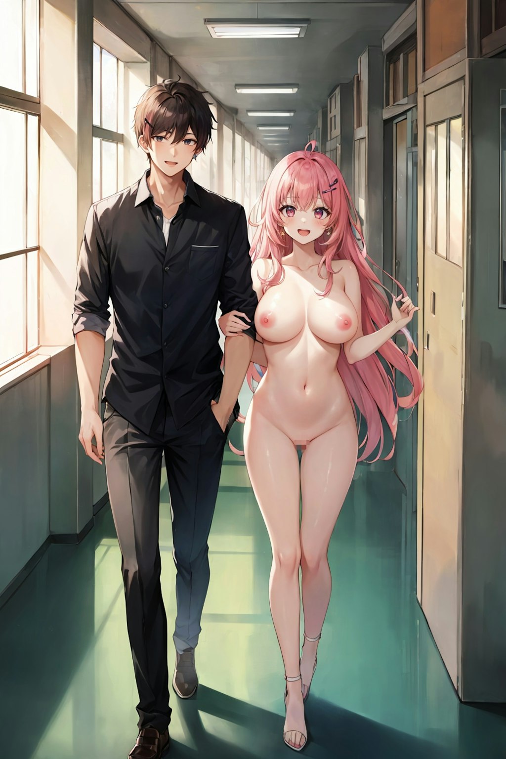 [リクエスト]学校の廊下で男(制服)女(裸)が歩いている