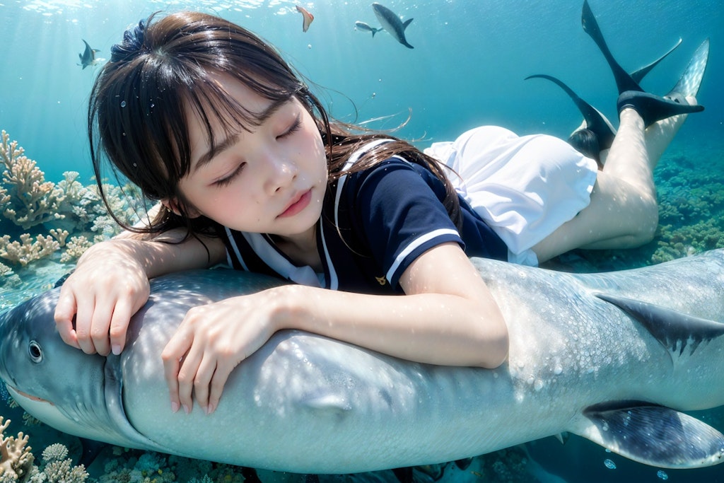 【謎画像】サメの背中でウトウトする女子高生